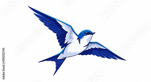A stylized, blue and white bird in flight against a white background