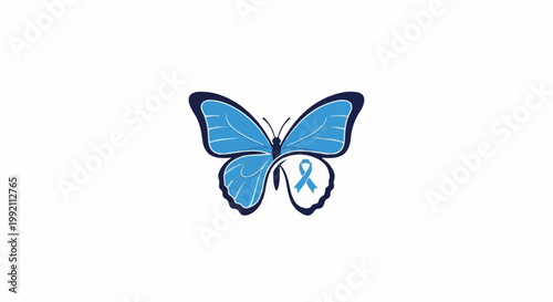 A stylized blue butterfly with a light blue awareness ribbon on one wing