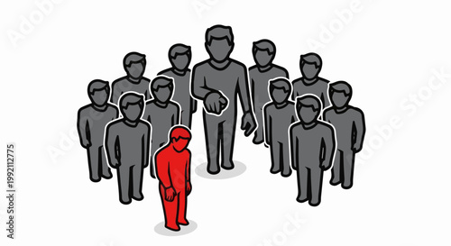 A solitary red figure stands apart from a group of grey figures