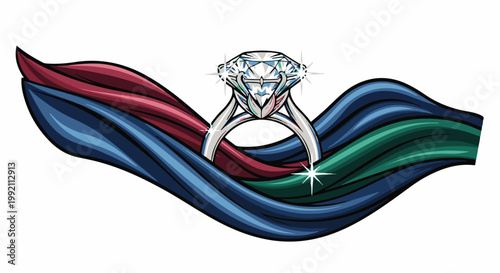 A sparkling diamond ring rests on flowing, colorful fabric