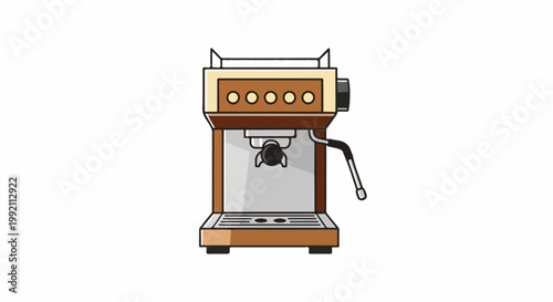 A simple, flat illustration of a brown and silver espresso machine with a steam wand