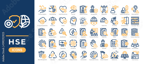 HSE icon set featuring workplace safety, health monitoring, environmental protection, and compliance systems. Simple two tone vector.
