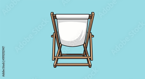 A simple, flat illustration of a white canvas deck chair with a wooden frame on a bright blue background