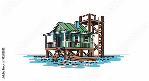 A simple green wooden house stands on stilts over water with a boat and tower