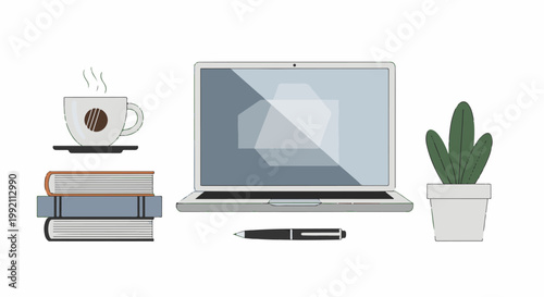 A simple flat illustration of a workspace with a laptop, books, coffee cup, pen, and potted plant
