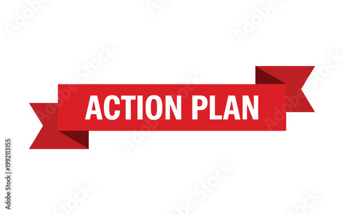 A vibrant red ribbon banner displays the text action plan in white