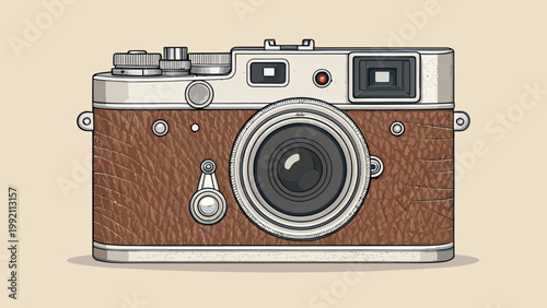 Vintage rangefinder film camera with brown leather texture, classic retro photography equipment, vector illustration