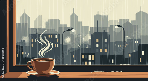 A steaming cup of coffee sits on a windowsill overlooking a rainy cityscape