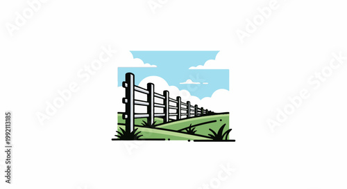 A simple illustration of a fence stretching across a grassy field under a cloudy sky