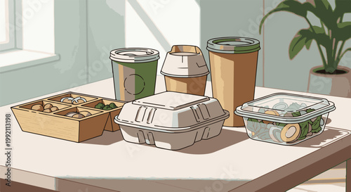 A selection of takeout food containers and drinks arranged on a table with a plant in the background