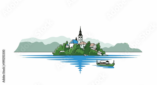 A serene lake with a lush island settlement and a small boat