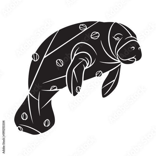 Manatee silhouette vector illustration with decorative circular patterns for marine life conservation and coastal design