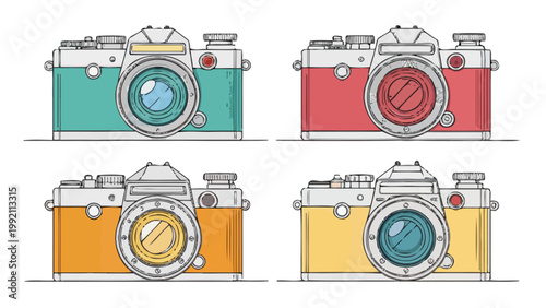Set of four vintage retro film cameras in different colors