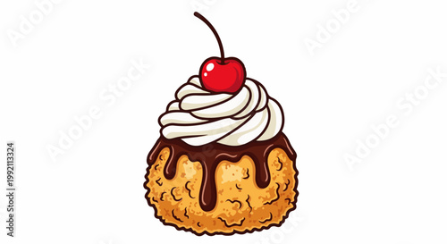 A single cartoon-style dessert with whipped cream, chocolate sauce, and a cherry
