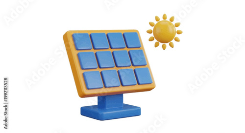 Vector illustration of 3d render of a solar panel with a sun icon on a transparent background