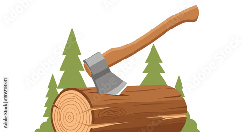 A heavy iron axe rests firmly embedded in a thick horizontal log while stylized green pine trees create a forest silhouette in the bright background.
