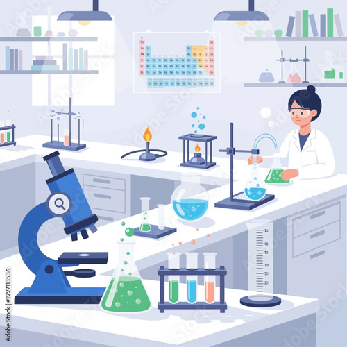 Modern science laboratory with scientist working among microscopes test tubes and equipment representing research innovation chemistry experiments and educational scientific environment in clean organ