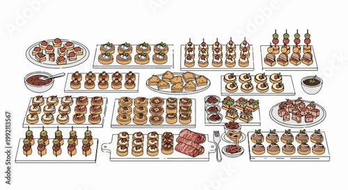 A spread of assorted finger foods and pastries arranged on platters