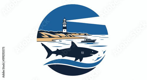 A shark swims in the ocean near a lighthouse and a boat on a sandy shore