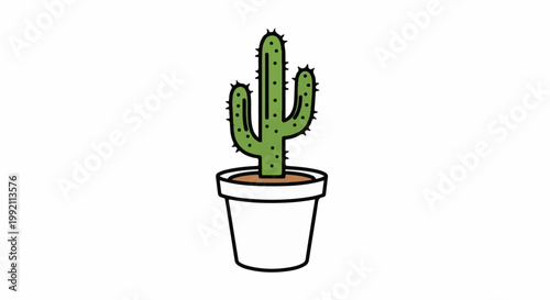 A simple, stylized cartoon of a green, spiky cactus in a white pot