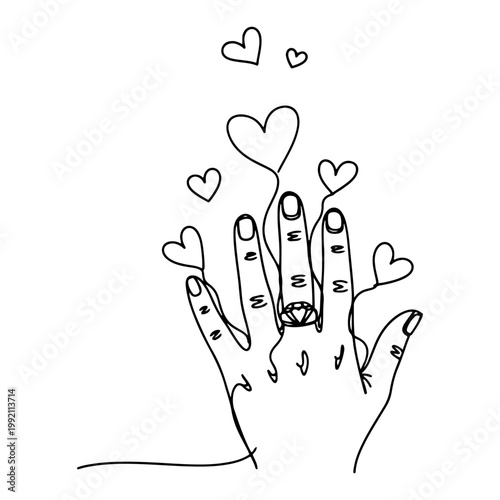 Hand with Diamond Engagement Ring and Hearts Continuous One Line Art Minimalist Romantic Wedding Illustration Vector
