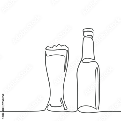 Continuous line drawing of a beer glass and bottle
