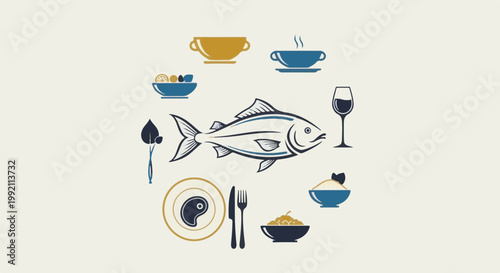 A stylized depiction of a seafood meal arrangement with fish, steak, and side dishes