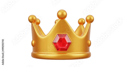 Vector illustration of 3d golden crown with red ruby gemstone on a transparent background