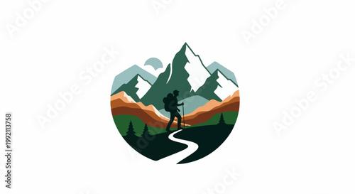 A silhouette hiker with a backpack treks a winding path through a mountain landscape