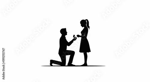 A silhouette depicts a man proposing marriage to a woman
