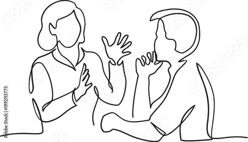 Line drawing depicting a conversation between a woman and a man