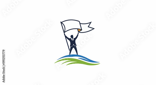 A silhouette of a businessperson holds a flag aloft on a colorful, wavy hill