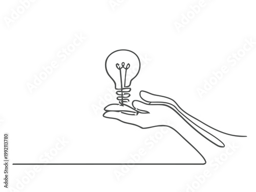 A hand gently holding a glowing lightbulb in a continuous line drawing
