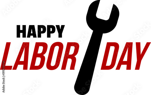 Happy Labor Day icon typography designs with USA flag elements, wrench tools and patriotic colors in red, blue and gray, perfect for holiday greetings, posters and celebration graphics.