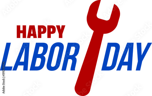 Happy Labor Day icon typography designs with USA flag elements, wrench tools and patriotic colors in red, blue and gray, perfect for holiday greetings, posters and celebration graphics.