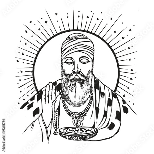 Guru Nanak Dev Ji Meditation Line Art Illustration