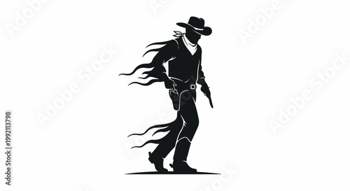 A silhouette of a cowboy with a gun, his bandana and coat dramatically flowing