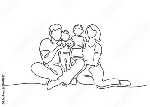 A minimalist line drawing depicts a family of four together
