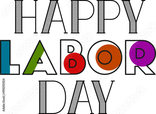 Happy Labor Day icon typography designs with USA flag elements, wrench tools and patriotic colors in red, blue and gray, perfect for holiday greetings, posters and celebration graphics.