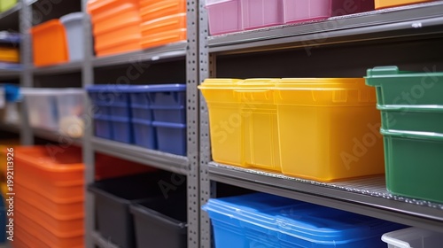 Plastic storage containers neatly organized on shelves