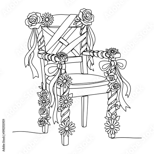 Wedding Ceremonial Chair Decorated with Flowers and Ribbons Line Art Illustration Event Decor Vector