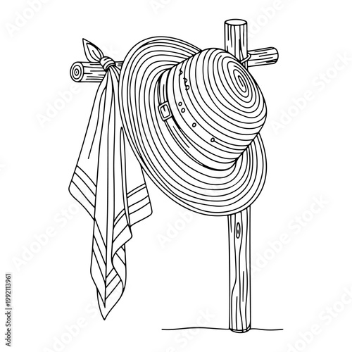 Summer Straw Hat and Scarf on Wooden Post Line Art Illustration Vacation Travel Beach Concept Vector