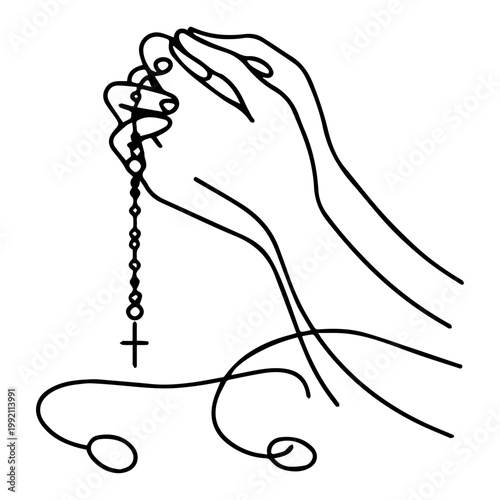 Praying Hands with Rosary Beads Continuous One Line Art Minimalist Christian Faith Religion Illustration Vector