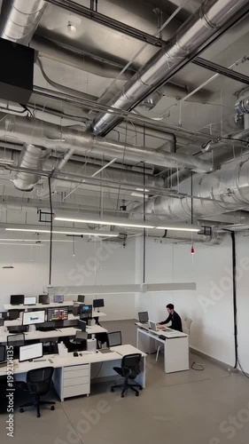Office interior with a male worker engaged at a desk, showcasing a modern workspace with multiple computer stations and overhead ventilation in a minimalistic design