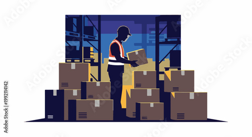 A silhouetted worker in a warehouse holding a box, surrounded by stacked cardboard packages