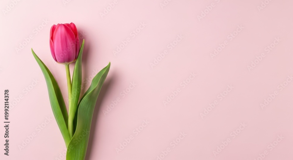 Obraz premium Single vibrant pink tulip resting gracefully on a soft pastel background providing a clean look for your creative greeting design