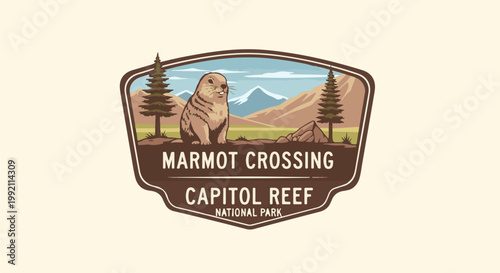 A pixel art emblem features a marmot in a mountainous national park landscape