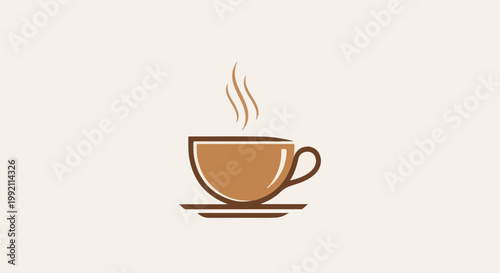 A simple, stylized illustration of a steaming coffee cup and saucer on a light background