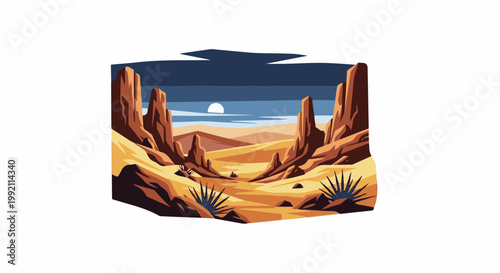 A pixel art depiction of a desert landscape at sunset, with sandstone rock formations