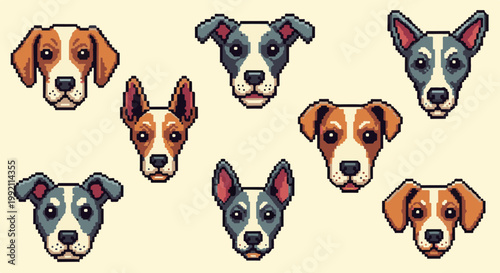 A pixel art collection featuring eight distinct dog faces in varying colors and ear styles